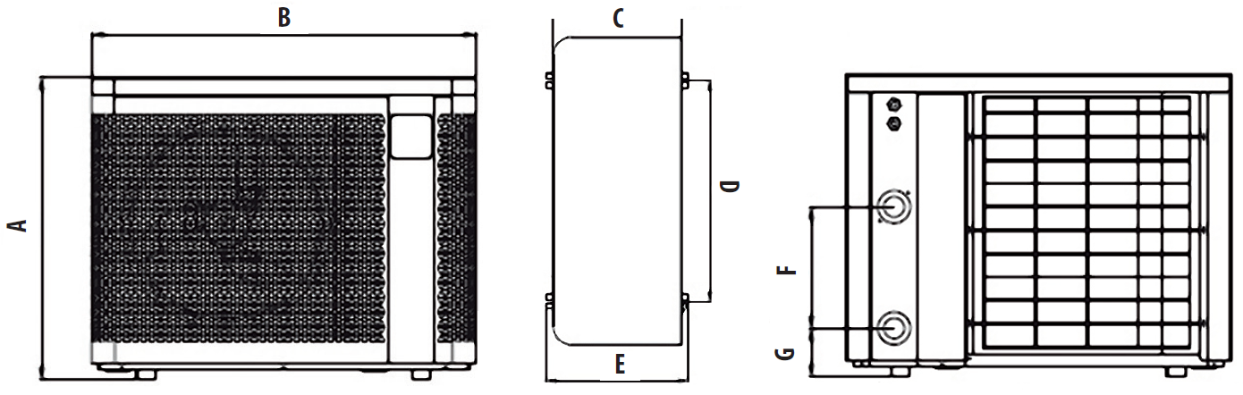 Schéma pour les dimensions des PAC piscines PX25